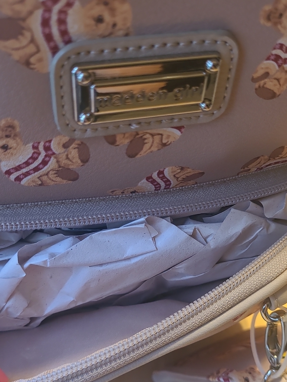 Madden Girl Mauve Teddy Print Khaki Mini Backpack with Coin Pouch - Picture 4 of 9